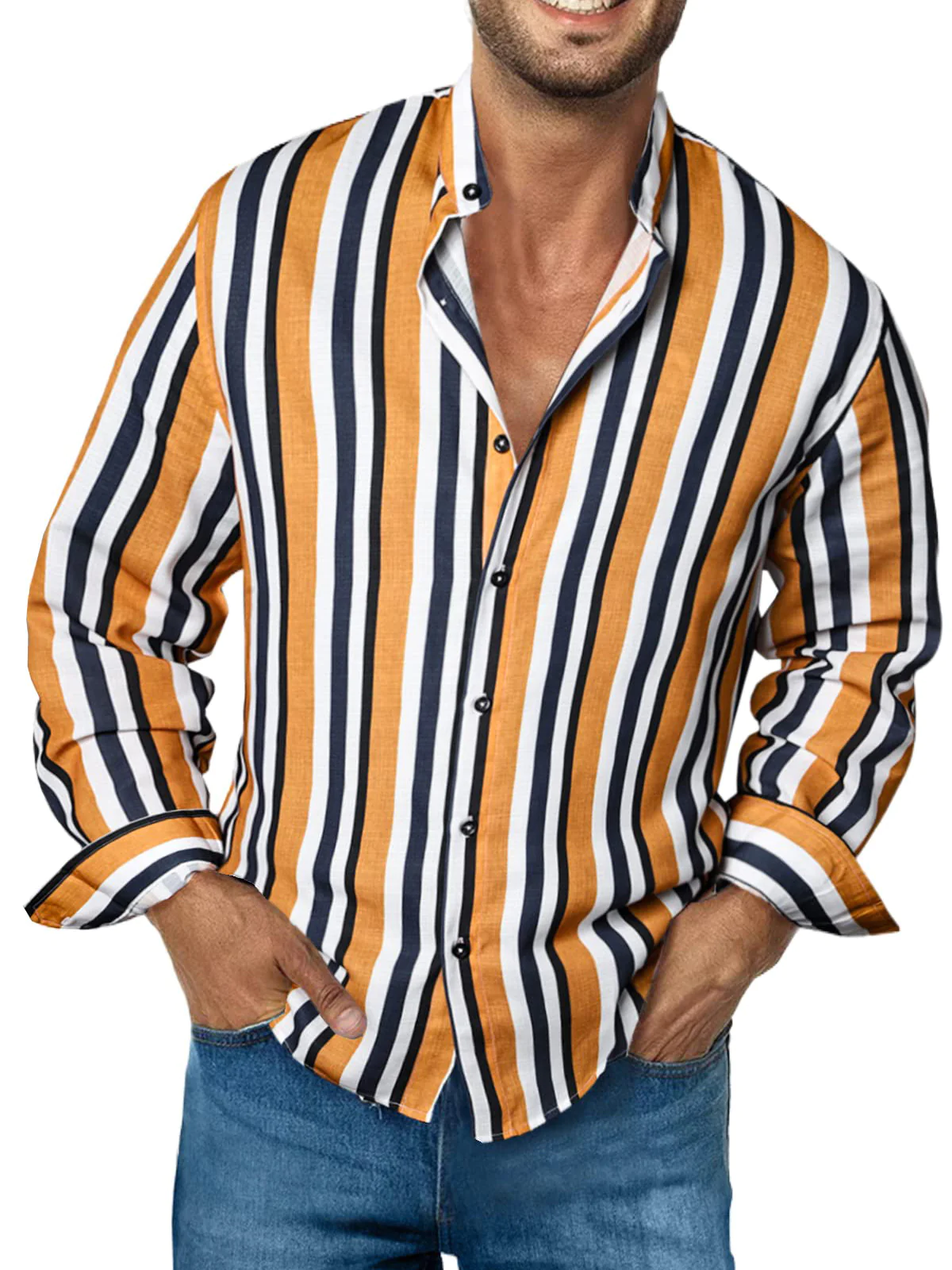 Men's Business Contrast Stripe Basic Long Sleeve Shirt PLUSCLOTHESMAN