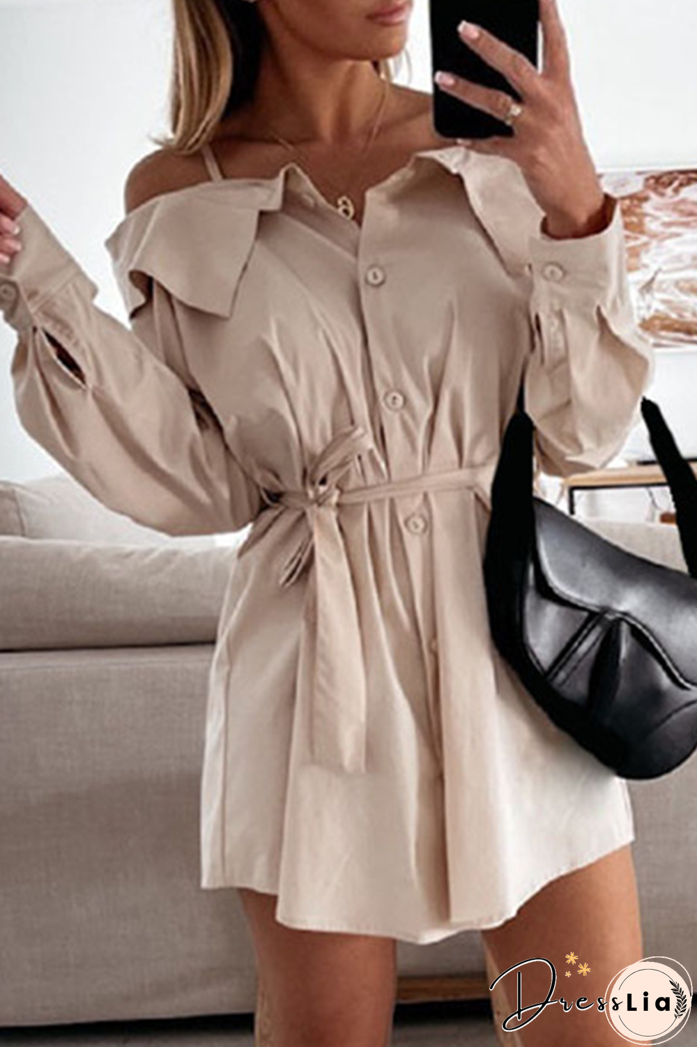 Fashion Street Solid Buckle With Belt Off The Shoulder Irregular Dress Dresses