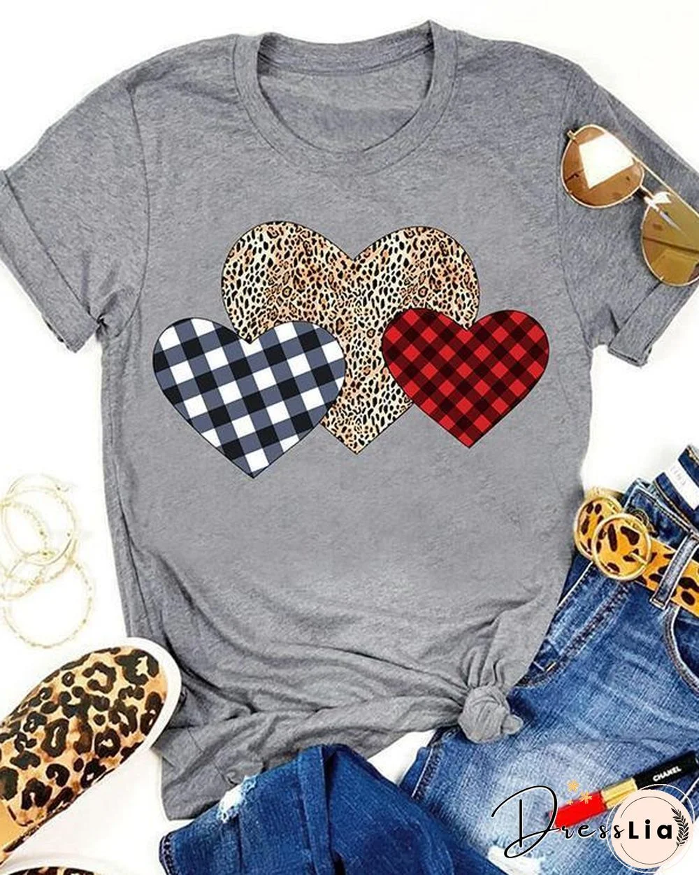 Valentine Plaid Leopard Printed Splicing Heart T-Shirt Tee
