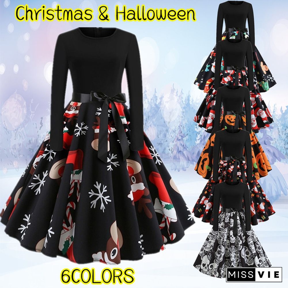 Fashion Women Christmas Swing Party Dress Printing Long sleeve Festival prom belt evening