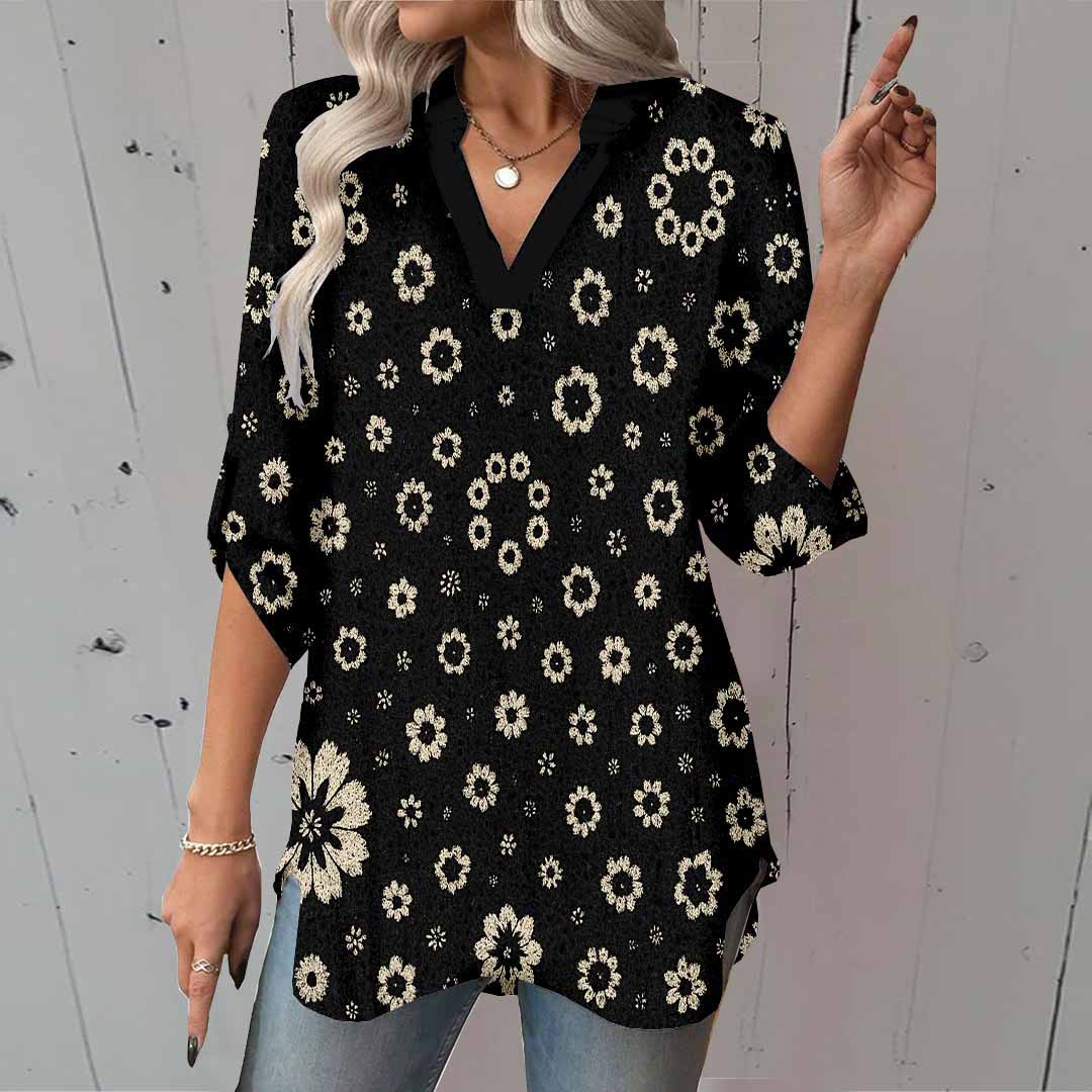 Women Floral, Black DZGA0131 3/4 Sleeve V-neck Printed Graphic Button Tops