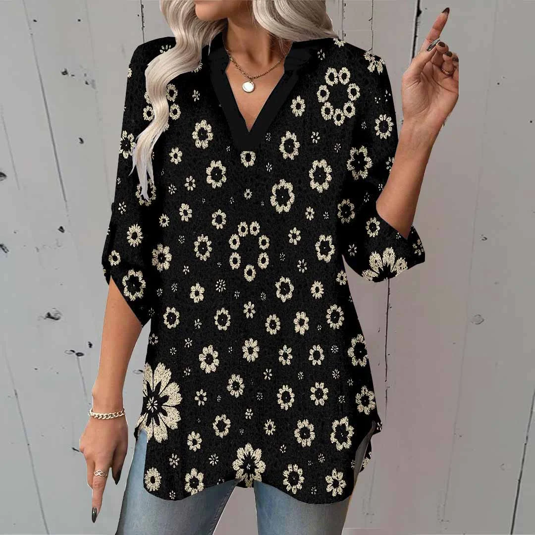 Women Floral, Black DZGA0131 3/4 Sleeve V-neck Printed Graphic Button Tops