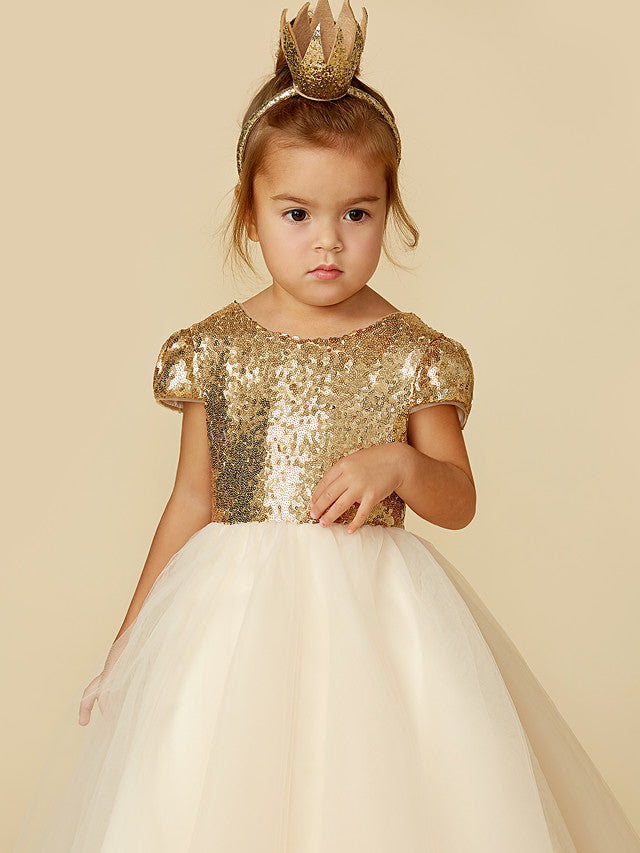 Daisda Princess Short Sleeve Jewel Neck Flower Girl Dresses Tulle