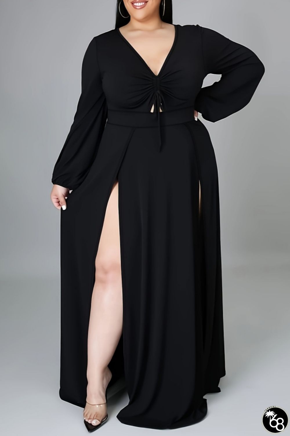 Casual Solid Draw String Frenulum Slit V Neck Long Sleeve Plus Size Dresses | 168DEAL