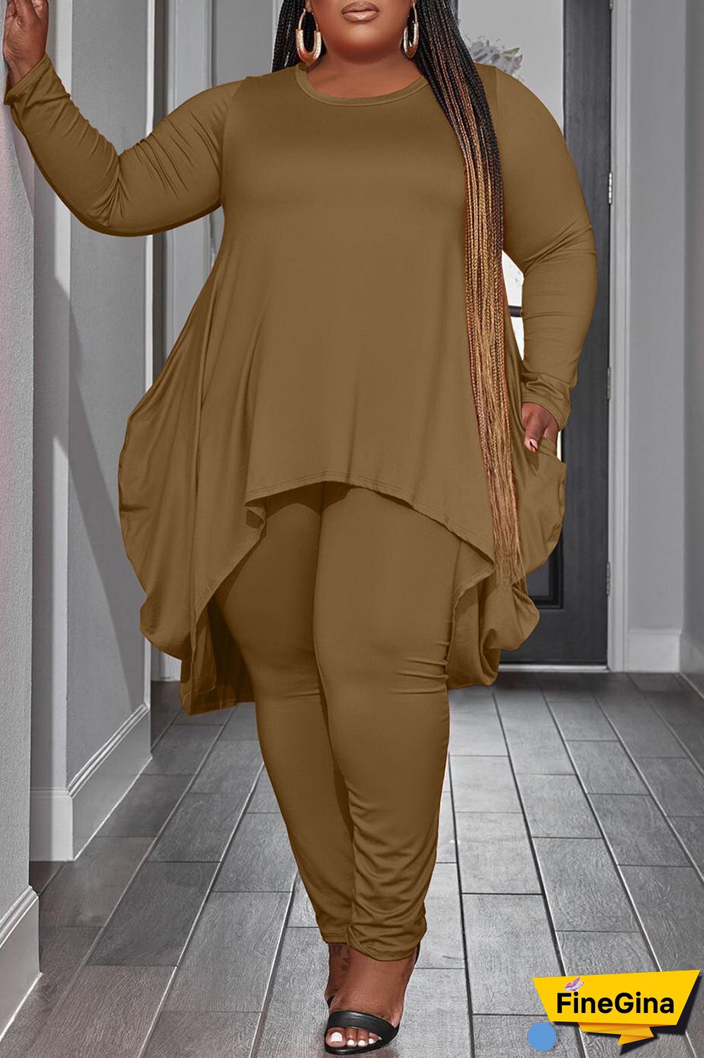 Black Casual Solid Asymmetrical O Neck Plus Size Two Pieces