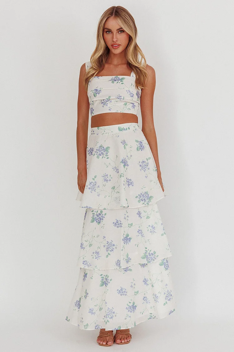 Floral Print Sleeveless Crop Top Tiered Maxi Skirt 2pcs Set-White [Pre Order]