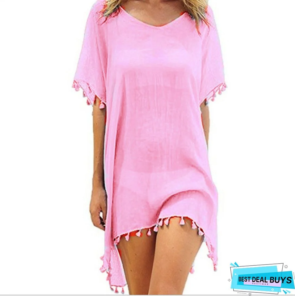 Round Neck Chiffon Tassel Dress Plus Size Loose Beach Blouse