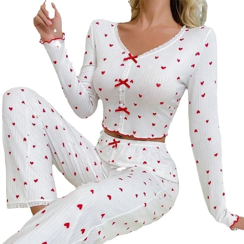 Churchf Hot Home Clothes Roll Love V Collar Long Sleeve Pajamas Women Can Wear Trousers Two Sets