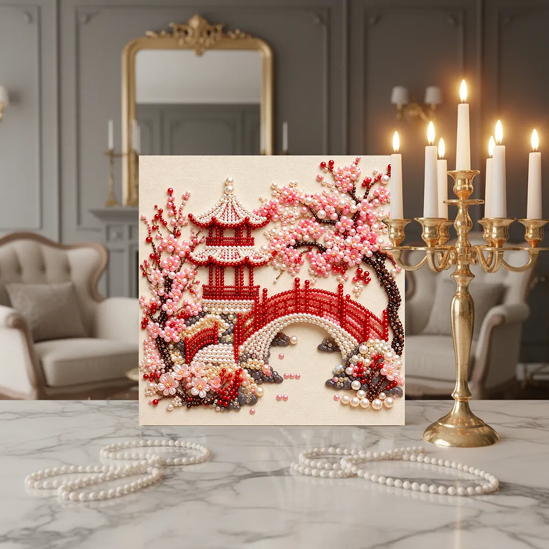 Framed Pearl Painting Kit Floral Pagoda Wall Art 7.87x7.87in