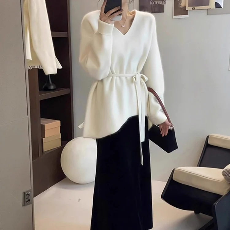 Athvotar Athvotar Goods V-Neck Belt Long Sheep Velvet Women Autumn And Winter Loose Knitted Wool Inside The Bottom Sweater