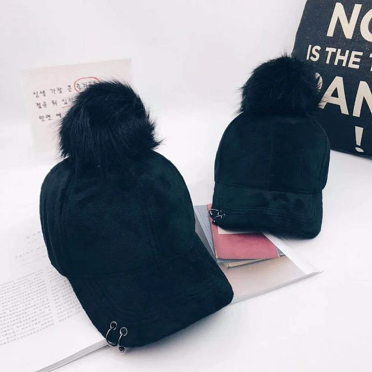 Korea Pompom wo hat women autumn winter Baseball Cap with iron ring black hat cap personality curved eaves baseball hat