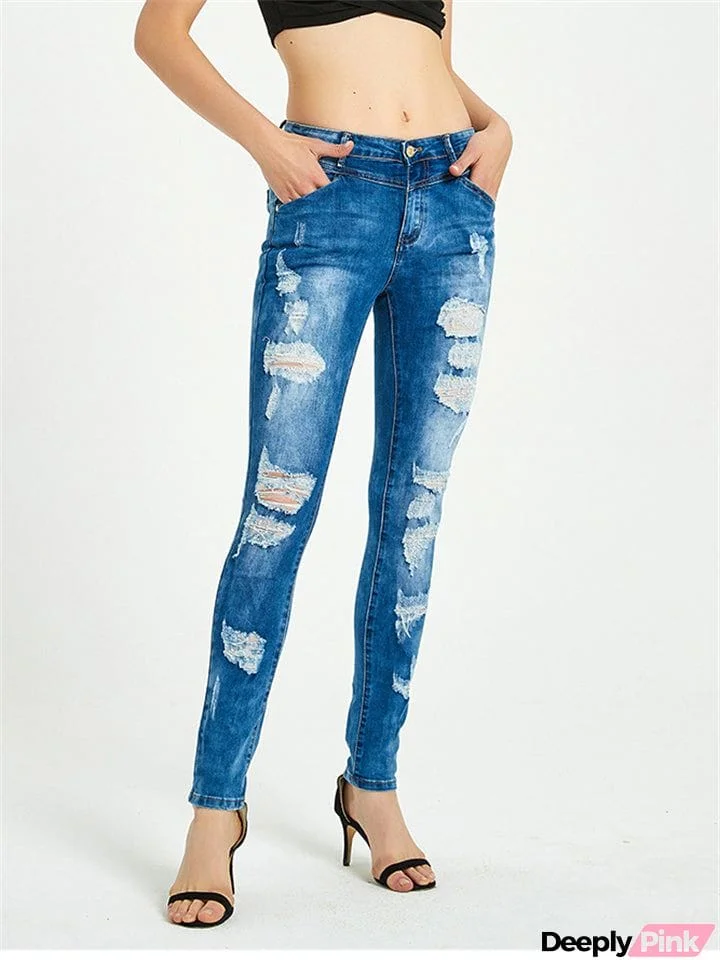 Women's Campus Style Slim Fit Ripped Denim Jeans for Summer Autumn