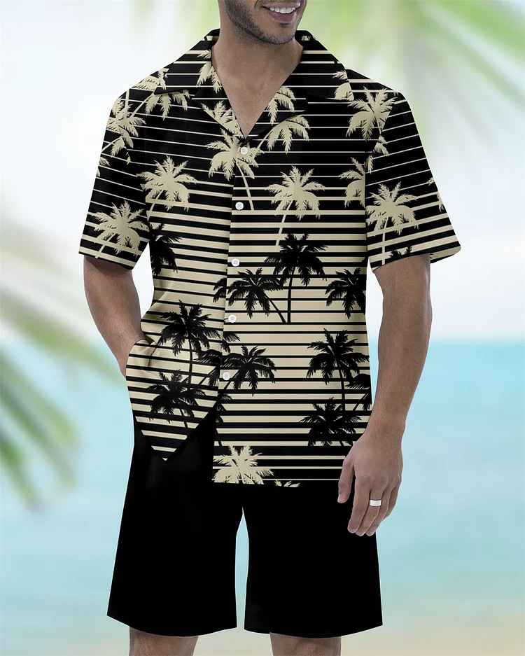 Men's Vacation Bowling Cuban Collar Short Sleeve Shirt Set 059