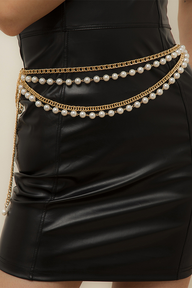 Alloy Layered Chain Pearls Fashionable Waist Chain-Gold