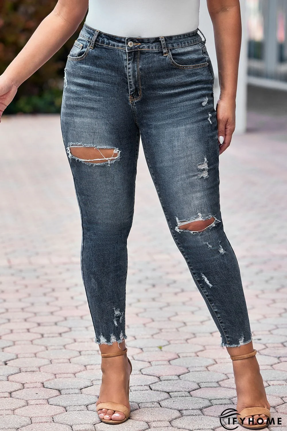 Blue Plus Size Distressed Ankle Length Skinny Jeans | IFYHOME