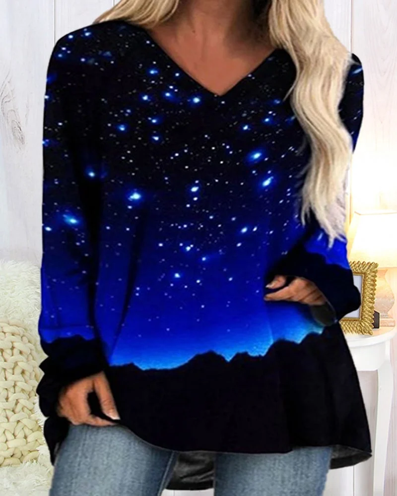 Womens Starry Sky Print Casual Plus Size Tee