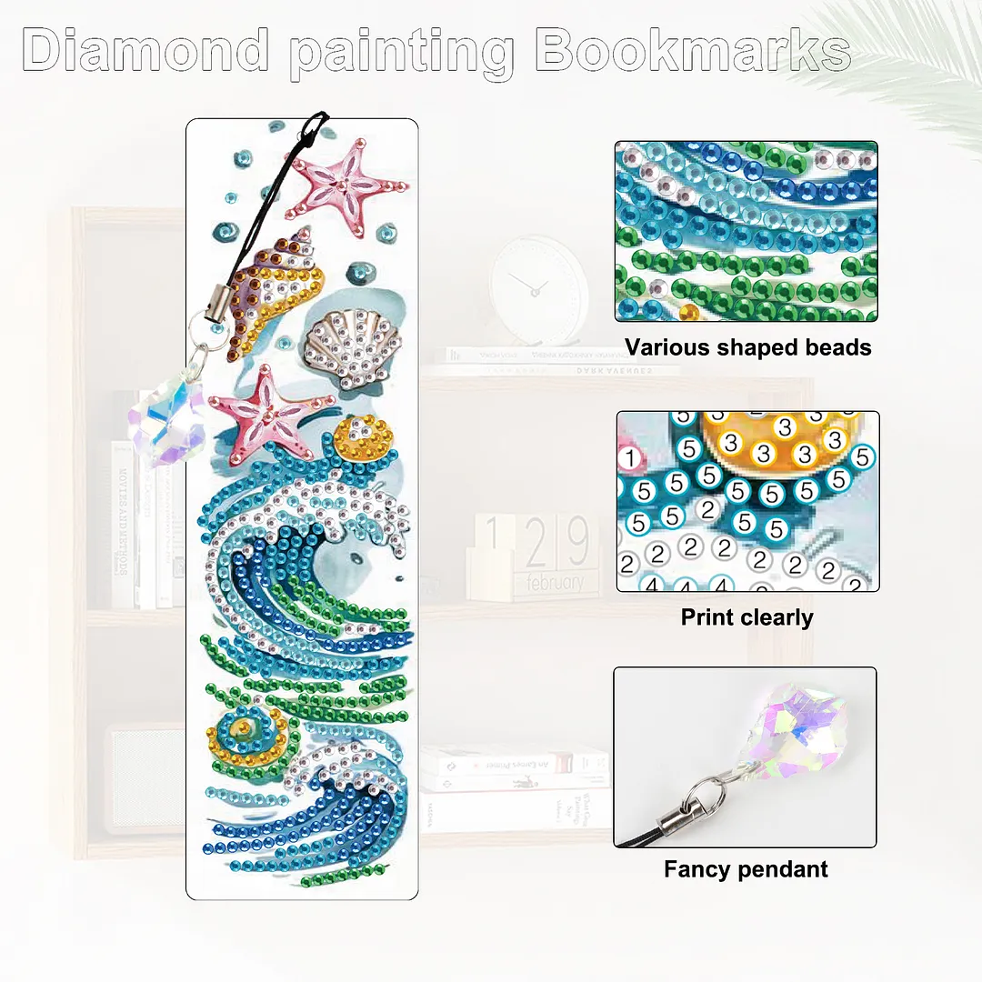 4Pcs Tropical Beach Style DIY Diamond Painting Bookmark with Crystal Pendants Diamond Painting Art Bookmarks Special Shape for DIY Making Beginners Adult Arts Craft Supplies