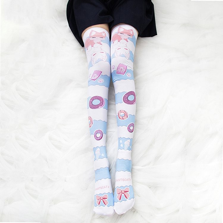 Cute Fox Donut Print Stockings Over the Knee - Modakawa Modakawa