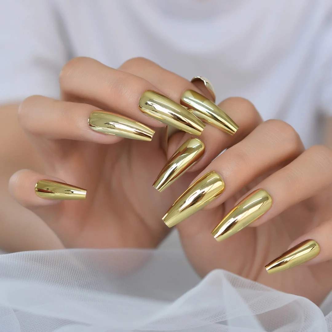 Metallic Coffin Nail Tips False Nails Long Ballerina Gold Mirror Fake Nails Press On Full Set For Fingernail Decorations-Nail Inspo