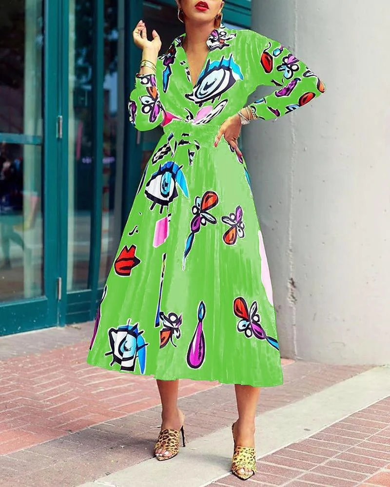 Eye-printed long-sleeved shirt + pleated skirt two-piece suit