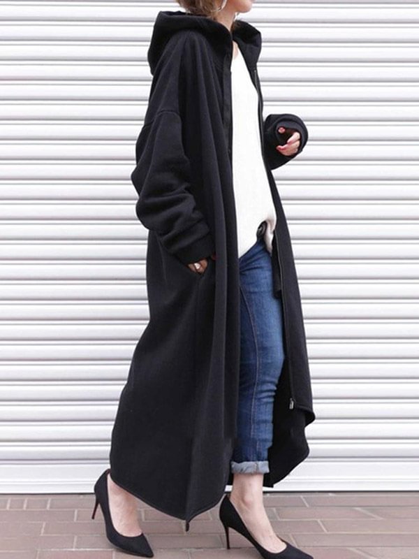 Black&Gray Split-Side High-Low Zipper Hooded Long Outerwear