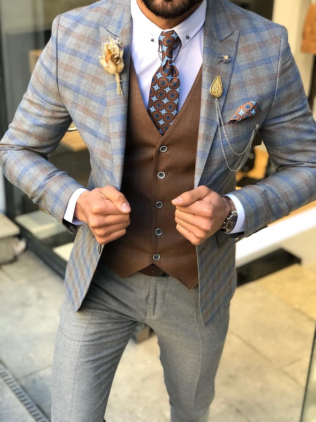 Macr Slim-Fit Plaid Suit Vest Camel