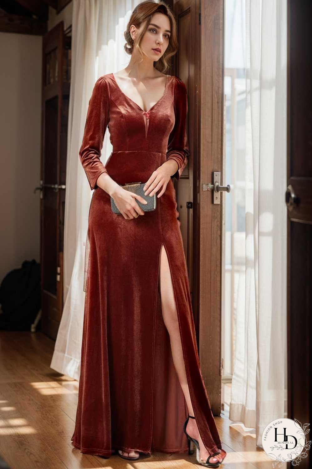 velvet 3 4 length sleeve illusion v neck front slit evening dress