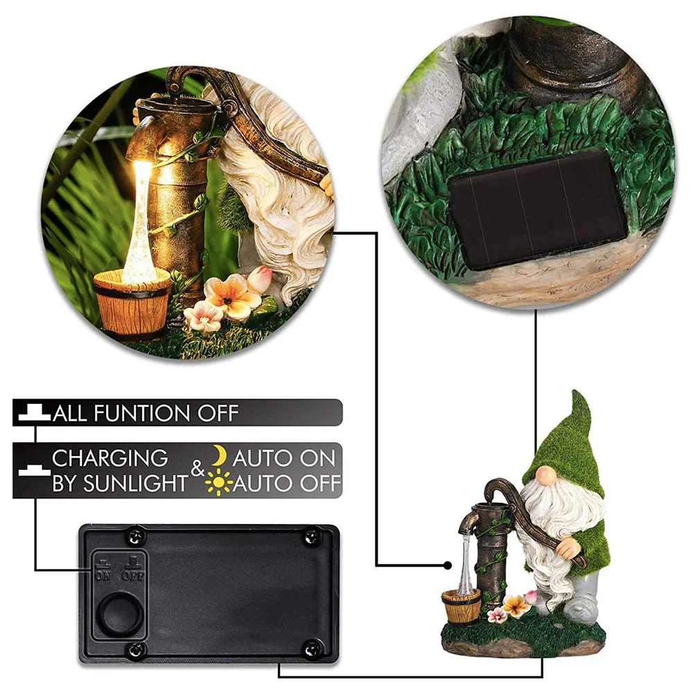 Solar Light Flocked Garden Press Water Gnome