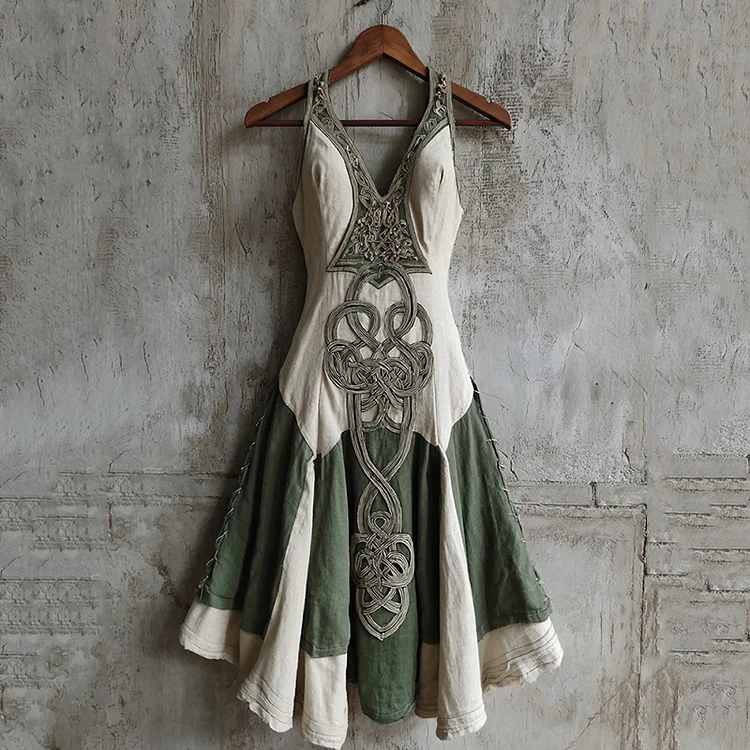 Vintage Celtic Knot Contrast Patchwork Midi Dress
