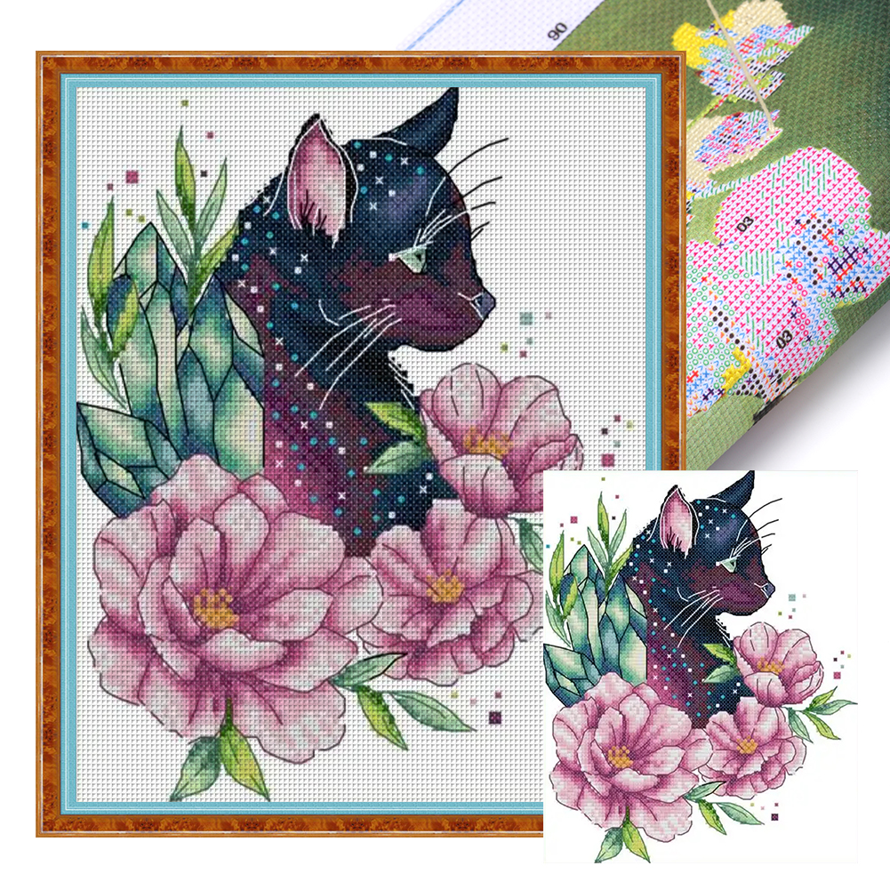 Chocolate Cat Among Flowers Partial 14CT Pre-stamped Canvas(21*27cm) Cross Stitch(backstitch)
