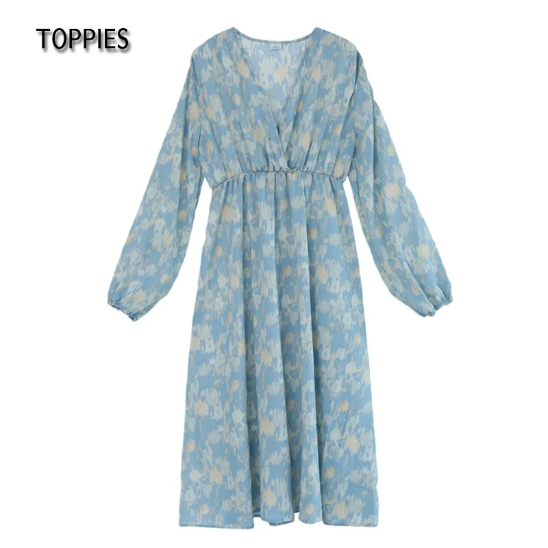 Toppies 2021 Print Dress for Women Sexy V Neck Midi Dress Vestidos Long Sleeve A Line Elastic waist Long Dress