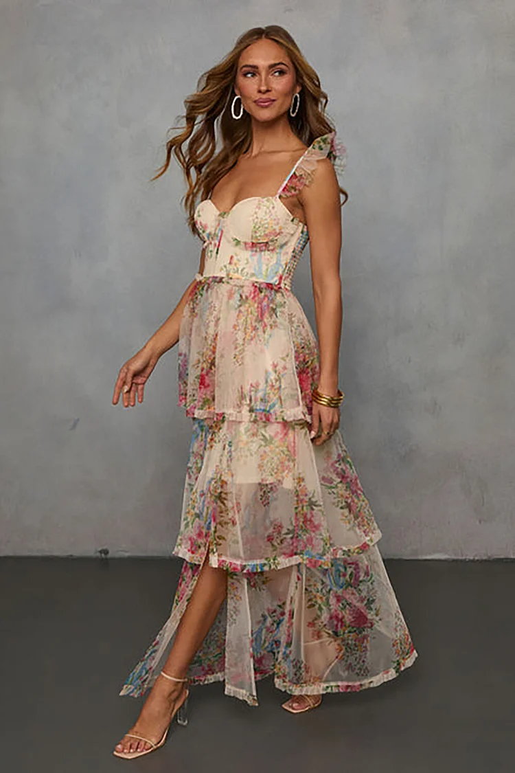 Floral Print Ruffled Straps Tiered Hem Slit Maxi Dresses-Beige [Pre Order]