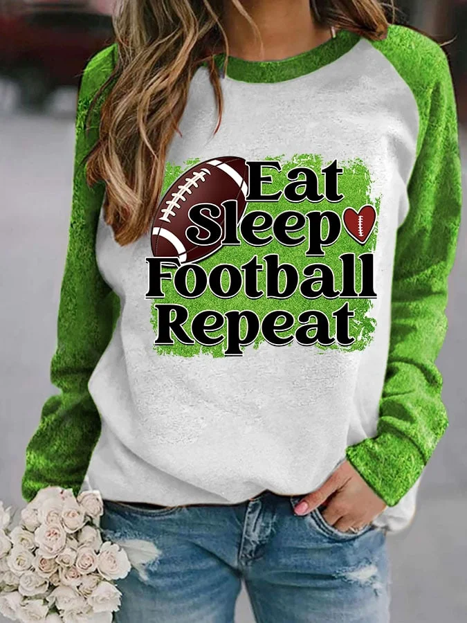 Women's Eat Sleep Football Repeat Printed Round Neck Long Sleeve Sweatshirt