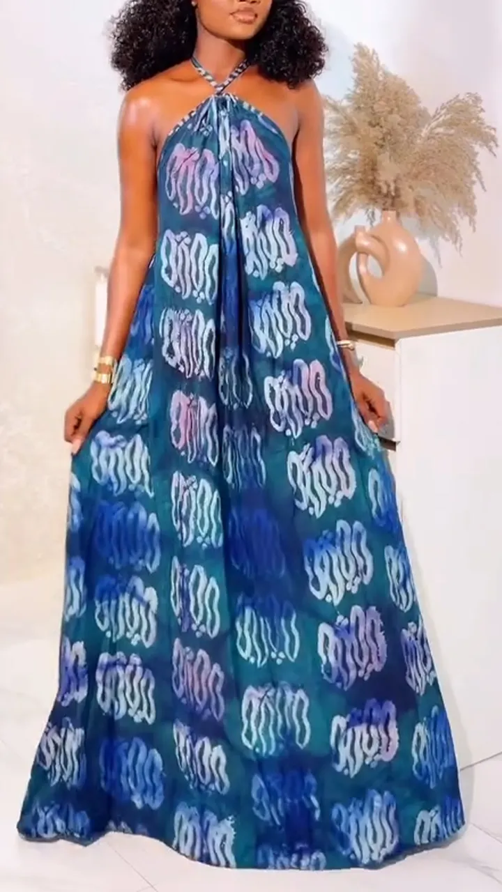 Women Neck Hanging Sleeveless Printed Elegant Casual Long Dress