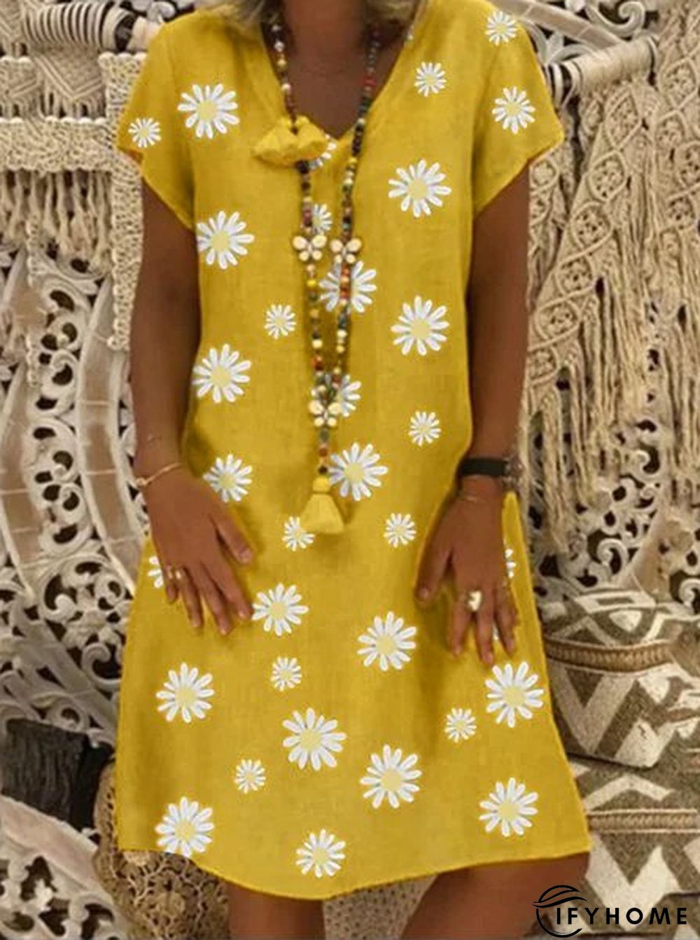 Casual vintage V-neck short sleeve daisy Dress | IFYHOME