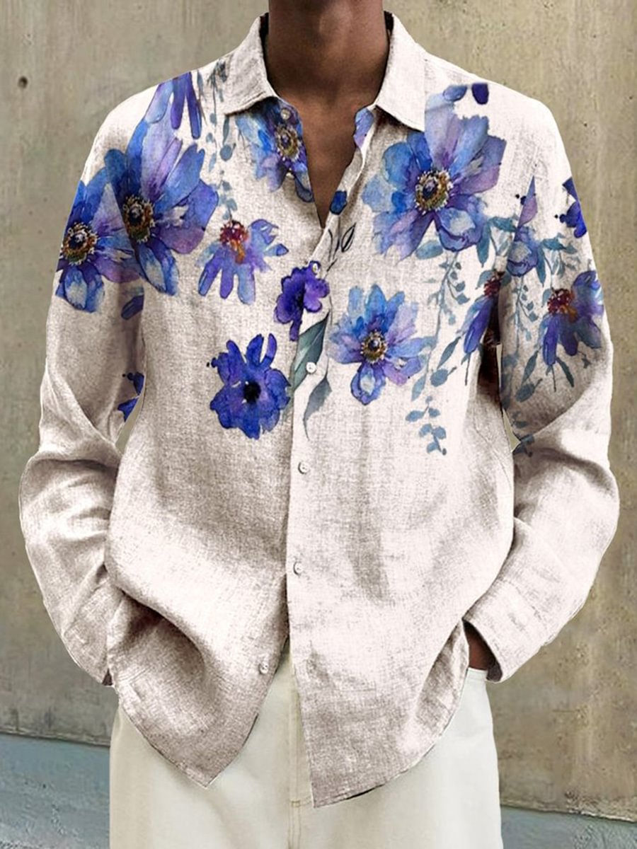 Men's Cotton and Linen Floral Printed Long-Sleeved Shirt