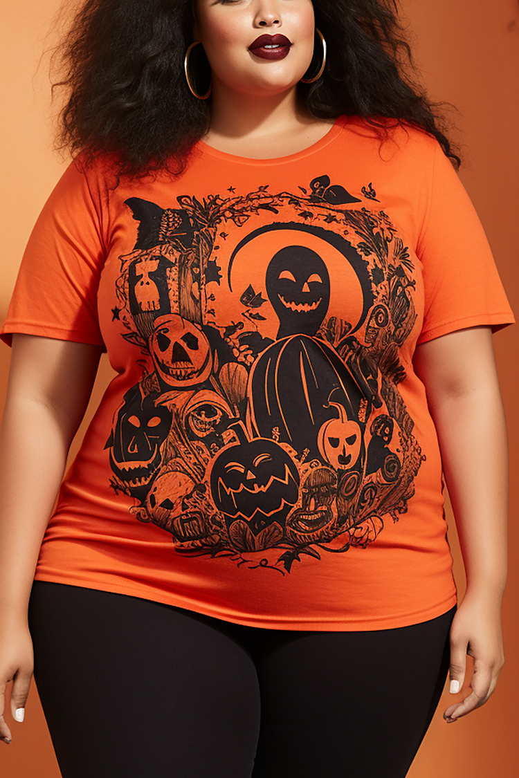 Plus Size Halloween T-Shirt Orange Pumpkin Print Short Sleeve Knitted T-Shirt