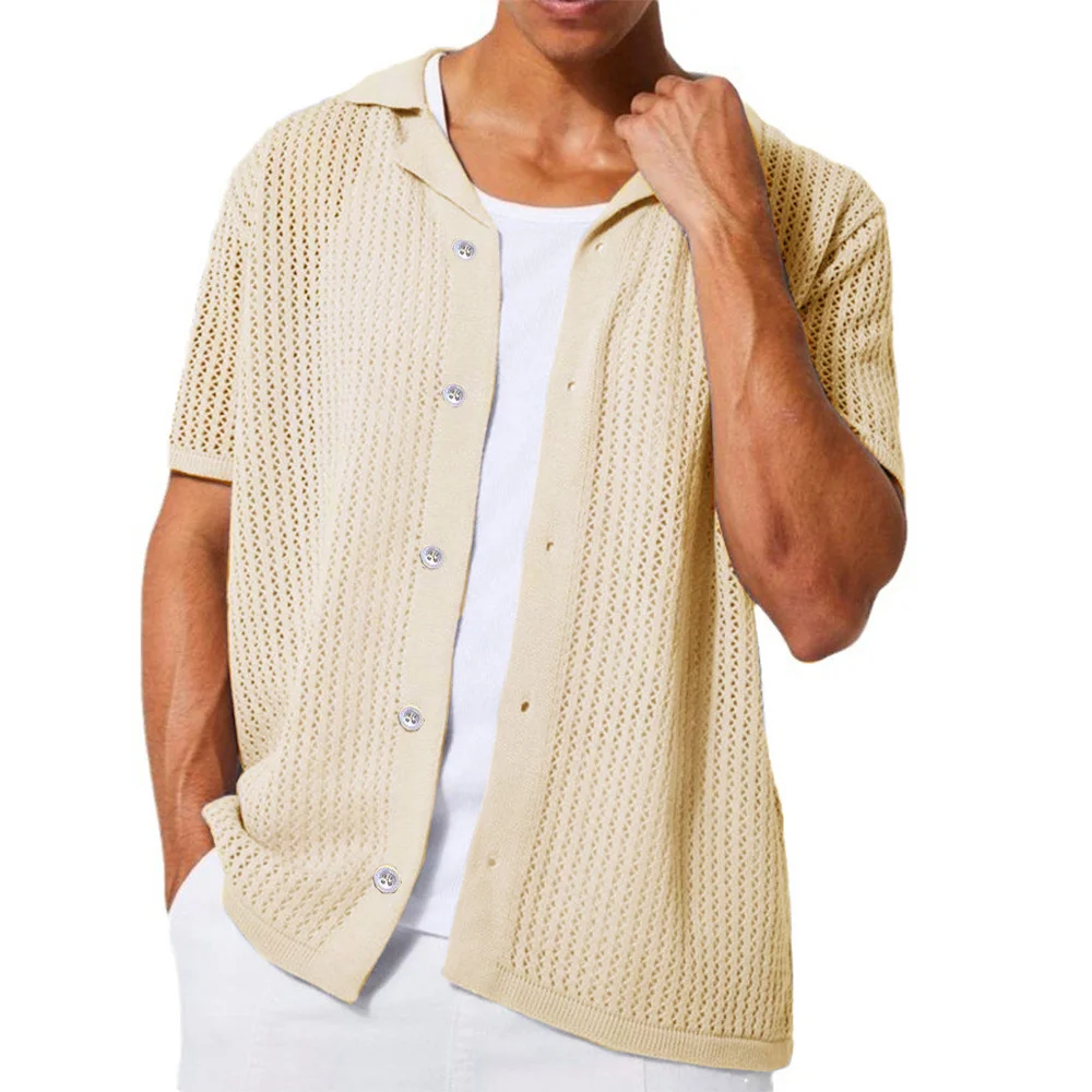 Wongn Wongn Men's Casual Knit Shirt Men's Summer New Solid Color Lapel Hollow Out Breathable Men's Short-Sleeved Jacket