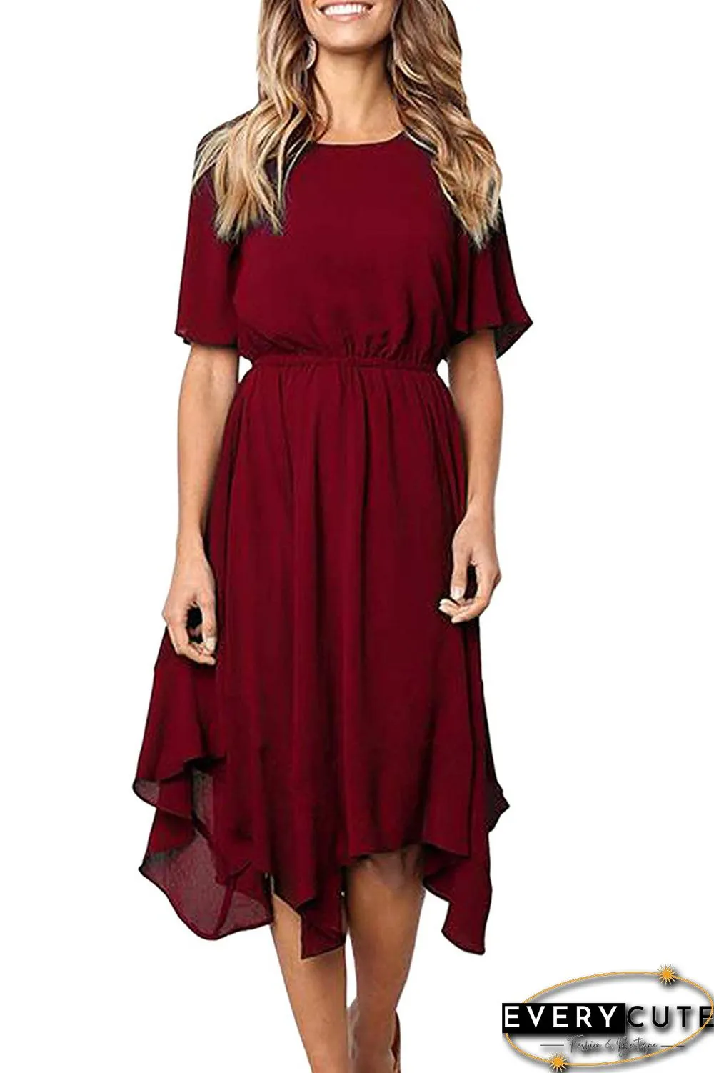 Red Chiffon Irregular Hem Short Sleeve Pleated Dress