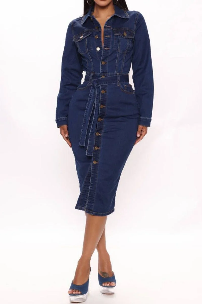 Casual Solid Patchwork Turndown Collar Long Sleeve Regular Denim Dresses