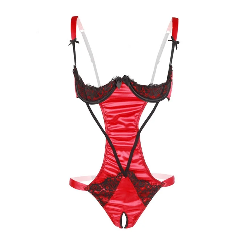 Lace Bow Backless Nightwear Teddy Lenceria Sexi Para Mujer Black Red Women Open Cupless Bra Crotchless Bodysuit Lingerie Sling