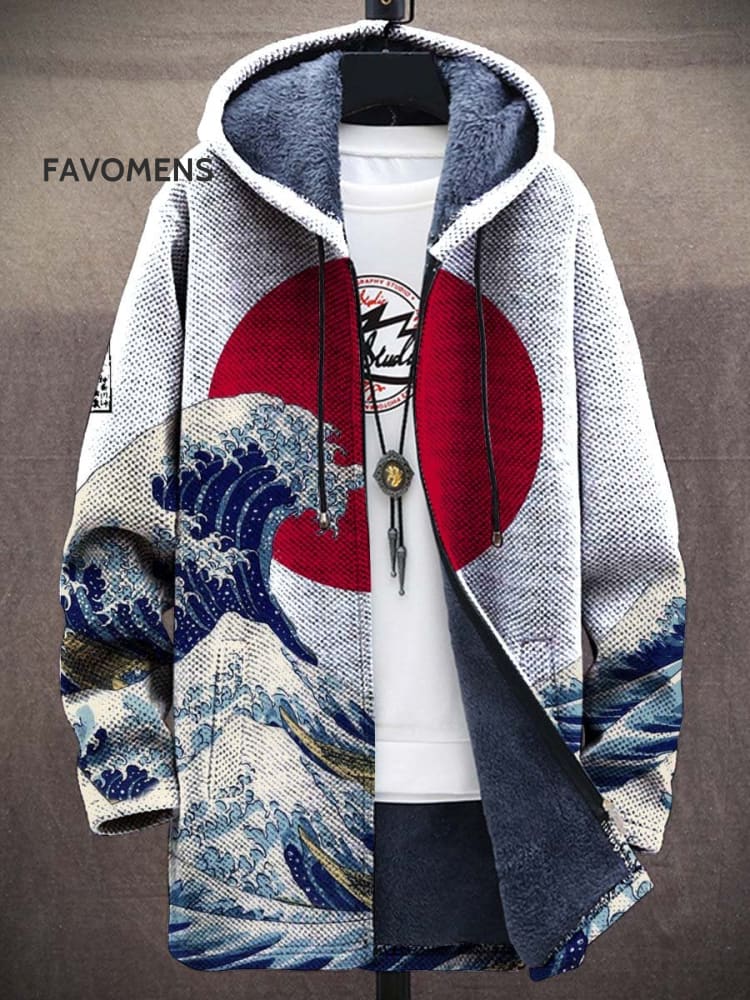 Unisex Plush Thickened Long Sleeve Retro Japanese Red Sun Wave Cardigan Jacket Multicolor / S