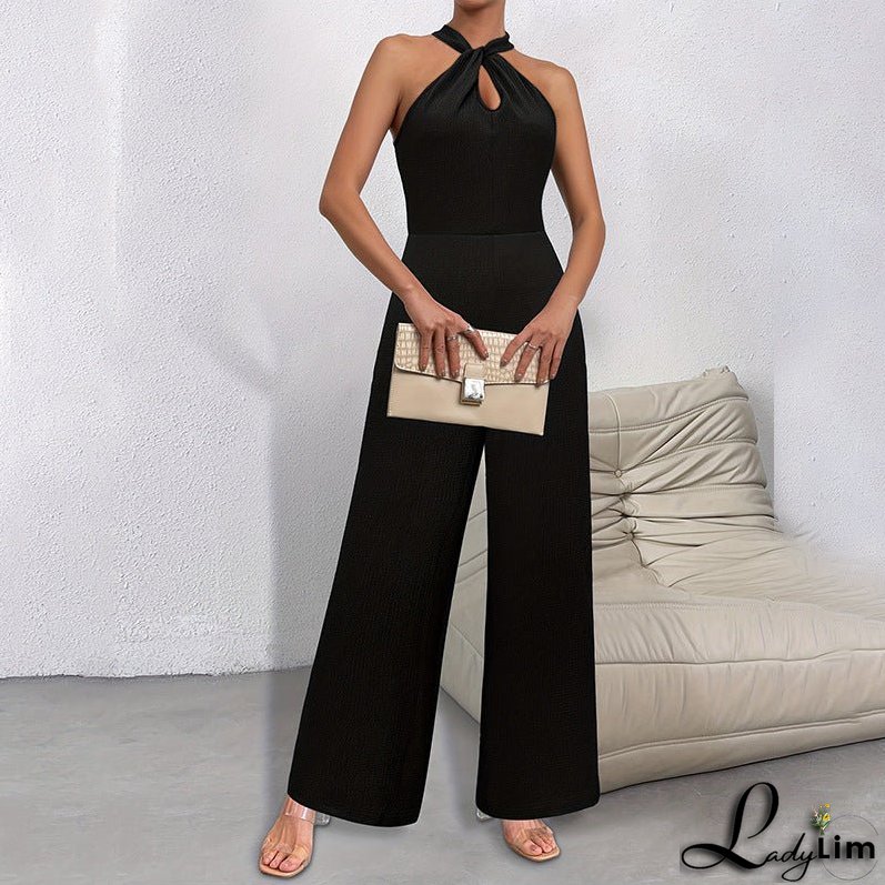 Elegant Solid Color Halter Sleeveless Long Jumpsuit - Commuter Style