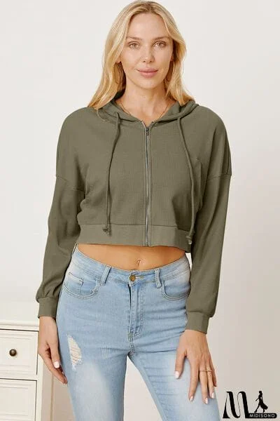 MidiSono - Waffle-Knit Drawstring Zip Up Hoodie