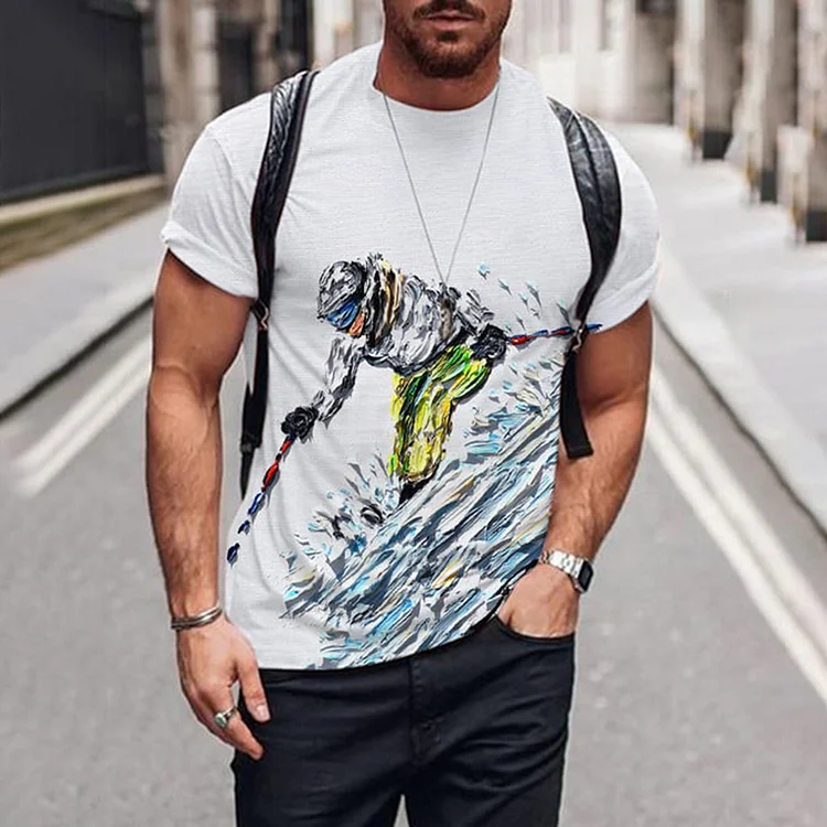 Comstylish Men's Skiing Enthusiast Oil Painting Printed T-Shirt