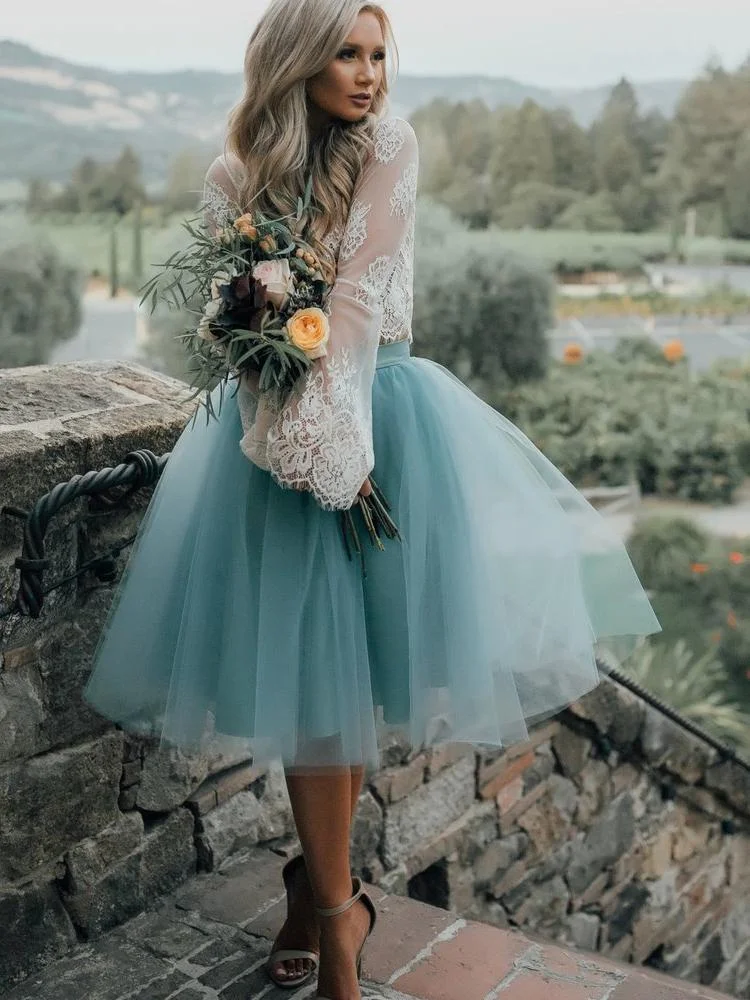 A-line Scoop Long Sleeve Homecoming Dress Tulle Green Short Prom Drsess With Lace  