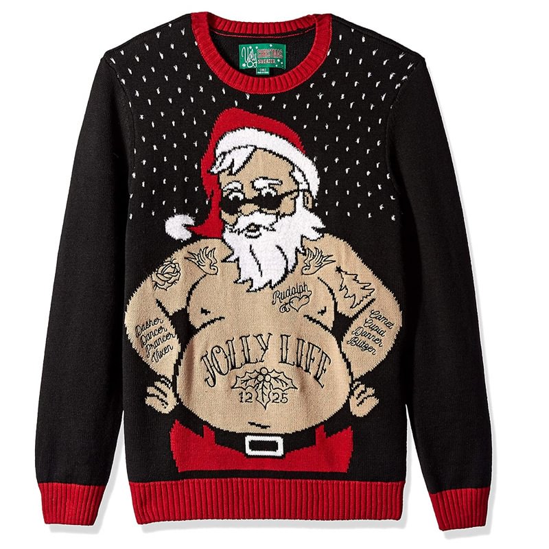 Santa Claus Tattoo Contrast Patchwork Knit Sweaters