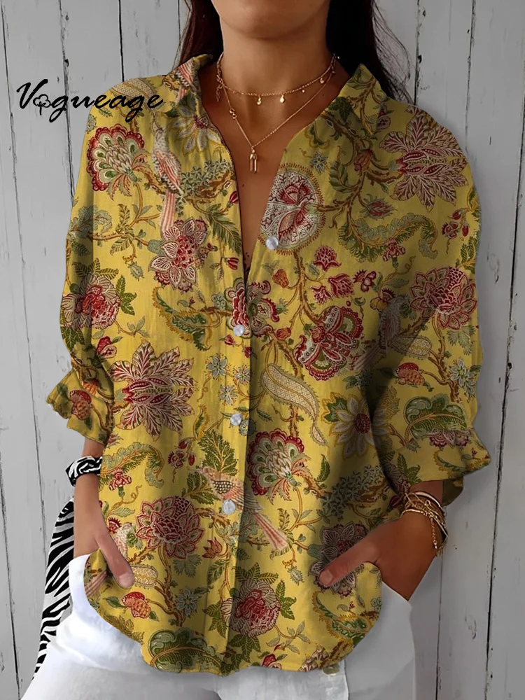 Fashion Retro Elegant Flowers Printed Cotton And Linen Women Shirt