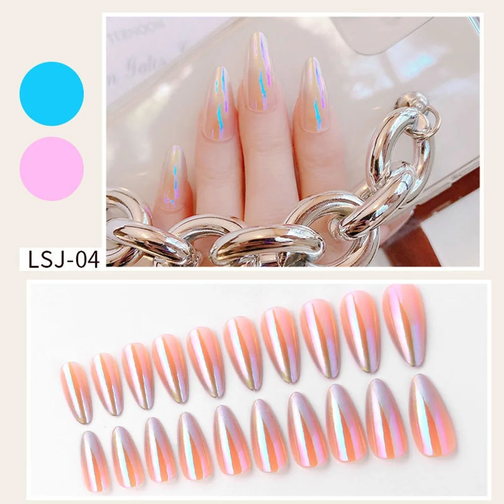 24pcs Gradient Aurora Mirror Design False Nails Long Stiletto Press on Nails Wearable Full Cover Fake Nail Detachable Nail Tips-Nail Inspo