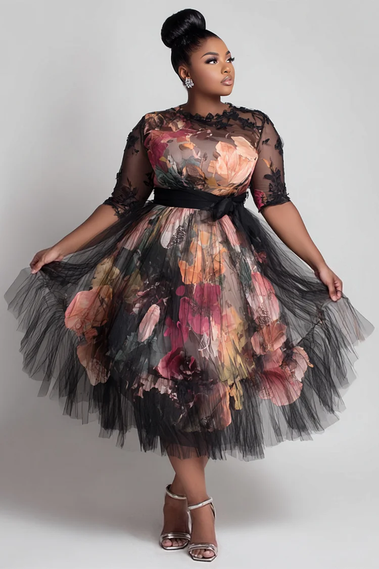 Xpluswear Design Plus Size Wedding Guest Satin Black All Over Print Round Neck Short Sleeve See Through Elegant Tulle Midi Dresses [Pre-Order]
